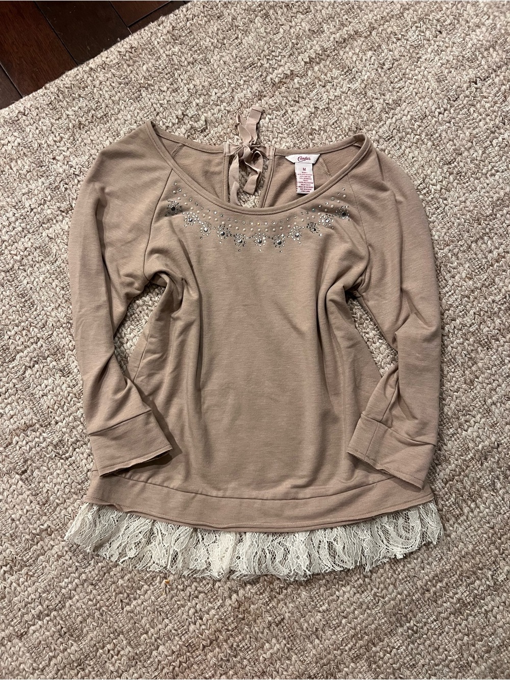 Candie's Beige Long Sleeve Lace-Hem Top with Rhinestone Detail